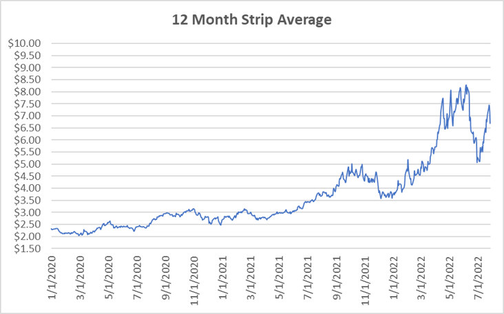 12 Month Strip graph for natural gas July 28 2022 report