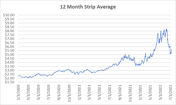 12 Month Strip graph for natural gas July 7 2022 report