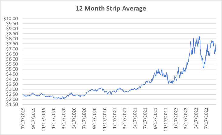 12 Month Strip graph for natural gas September 15 2022 report