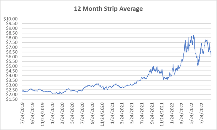 12 Month Strip graph for natural gas September 22 2022 report