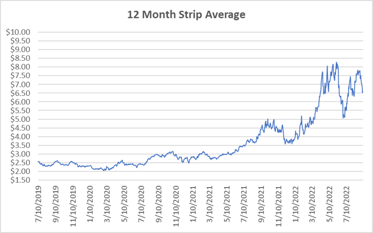 12 Month Strip graph for natural gas September 8 2022 report