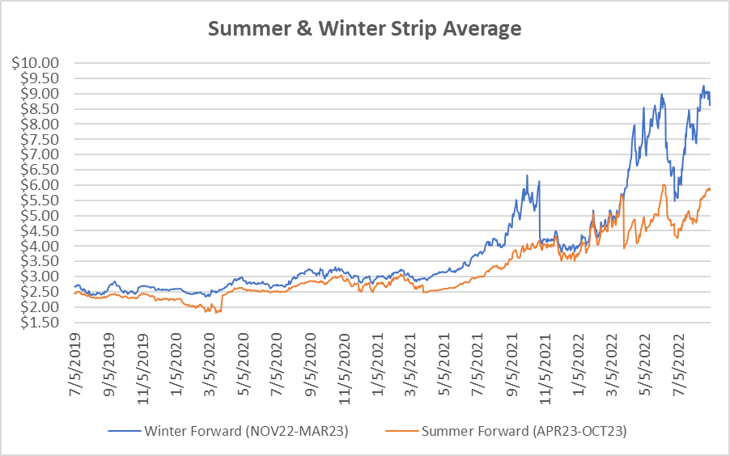 seasonal strip graph for natural gas September 8 2022 report